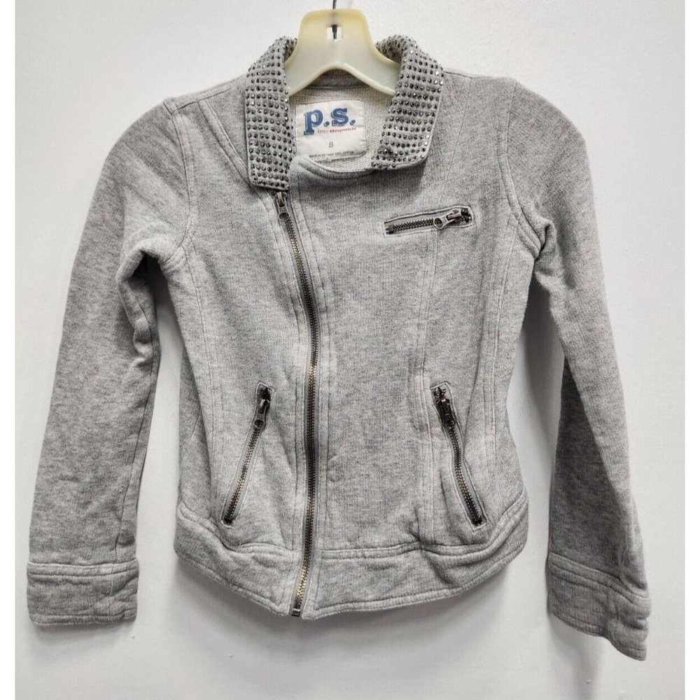 P.S From Aeropostale Girls Rhinestone Collar Moto Jacket Size 8 Gray Zip Up Knit